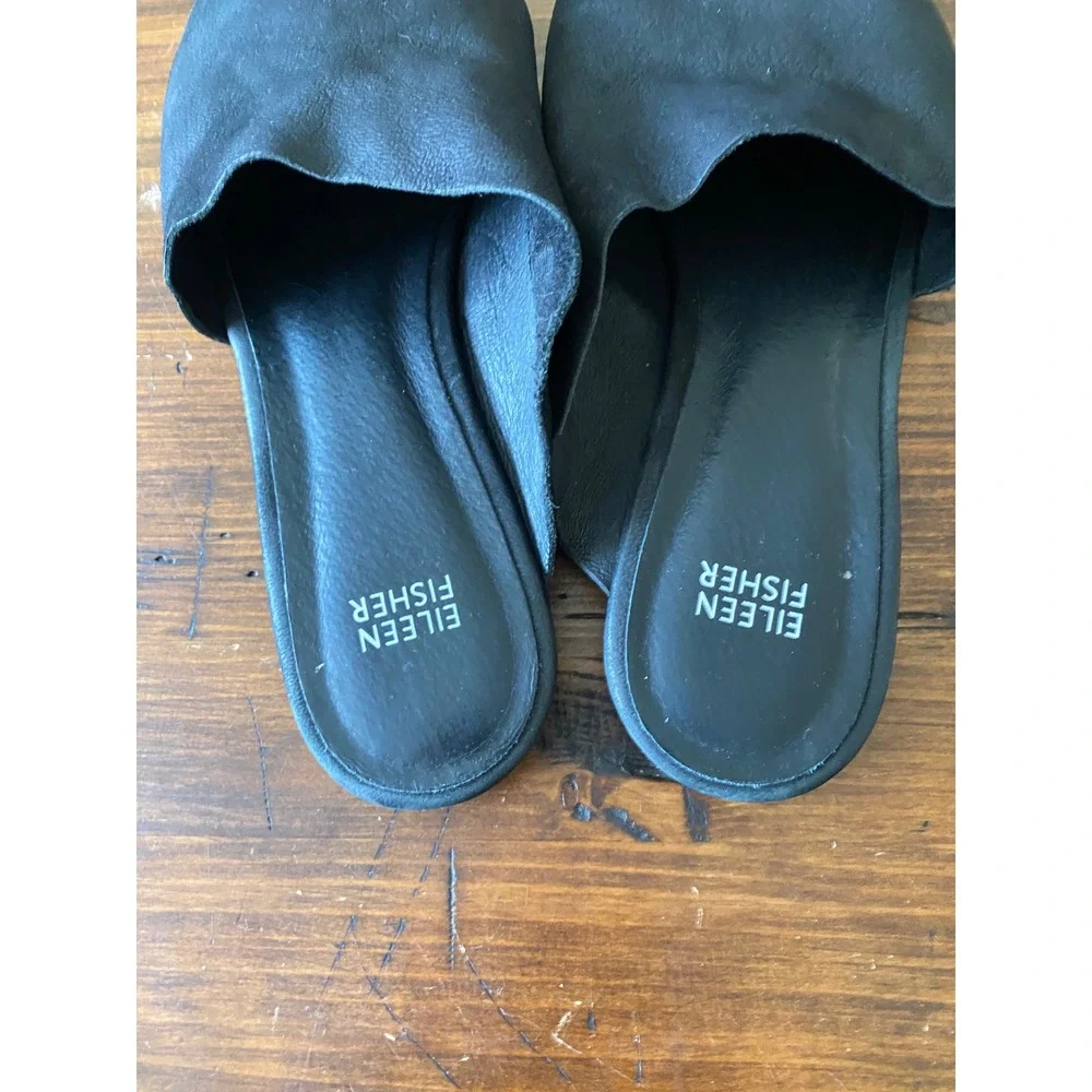 Eileen Fisher Black Leather Asymmetrical Slide Sandals Open Toe Flat 9.5 Italy